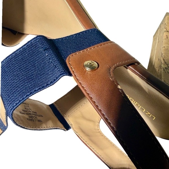 Liz Claiborne Jean Stiletto Sandals Cork Heel Platform Navy Brown Size 10 Medium - Picture 2 of 10